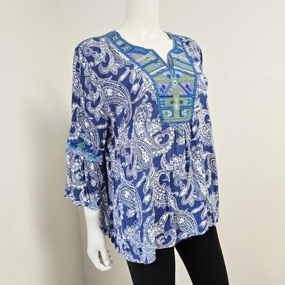 Caleaas Top Blouse Size XL Embroidered Bohemian 3/4 Sleeve Gauze Paisley Boho - Picture 5 of 8